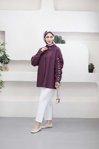 MY CİTY YASEMEN KADIN KOLLARI TAŞ DETAYLI OVERSİZE GÖMLEK TUNİK