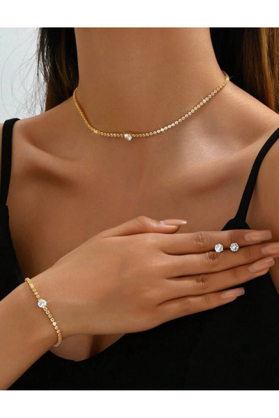 Oprah Kadın Zirkon Taşlı Su Yolu Kolye Küpe Bileklik Seti