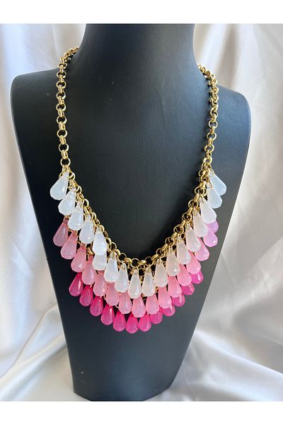 COCOSH TAKI Dark and Light Pink Stone Multi Gold Chain Multi Necklace