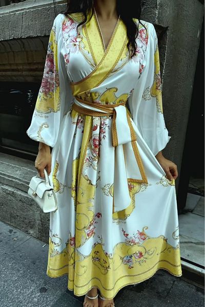 Neşeli Butik Women's Belted Midi Length Print Dress Nbms42149