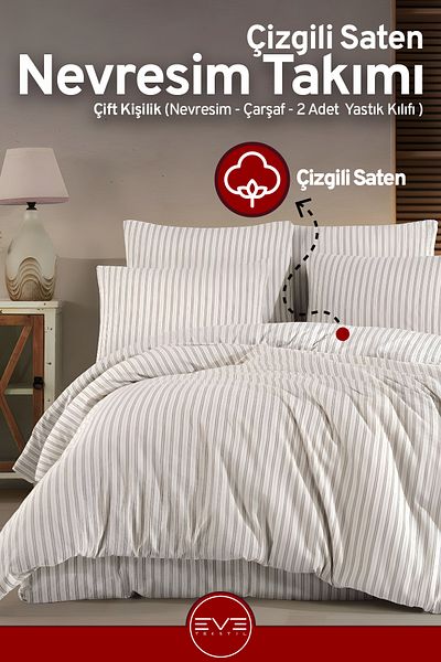 Eve Tekstil طقم غطاء لحاف فاخر مزدوج مخطط من الساتان مقاس 200 × 200 سم