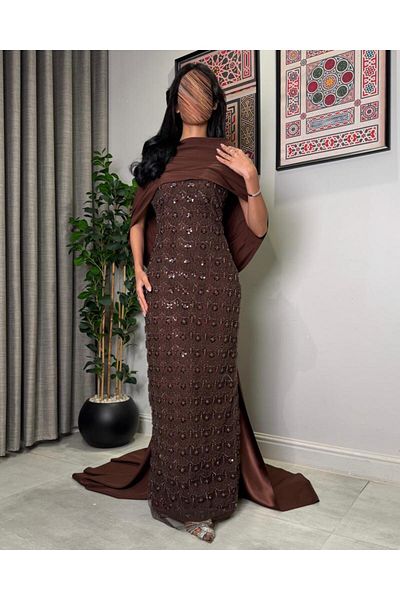 toog Brown dress fully embroidered with beads and sequins with a long scarf