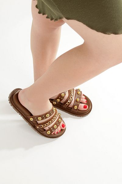 PAYZİN ''Buquet'' Tan Skin Gold Color Trock and Chain 3 Band Slippers New Season