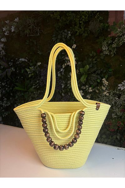 MaVaux Fiona Stylish Straw Shoulder Bag with Natural Wooden Bead Detail