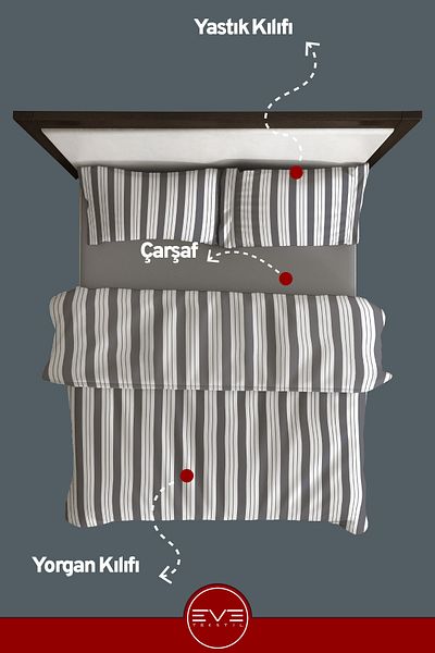 Eve Tekstil طقم غطاء لحاف فاخر مزدوج مخطط من الساتان مقاس 200 × 200 سم