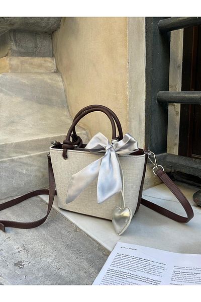 nura Brown Linen Women's Heart Charm Hand and Shoulder Bag