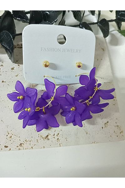 mos&more 4 Pieces Purple Flower Gold Hoop Women's Earrings