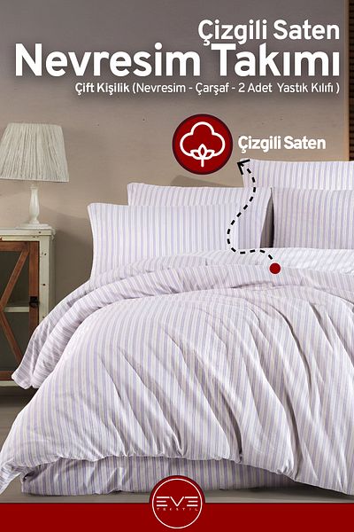 Eve Tekstil طقم غطاء لحاف فاخر مزدوج مخطط من الساتان مقاس 200 × 200 سم
