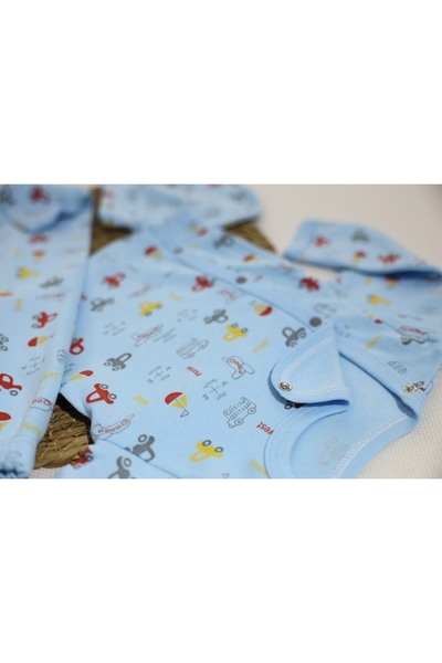 Vivolas % 100 Organik Pamuk Yenidoğan 3’lü Kendinden Eldivenli Patikli Şapkalı Erkek Zıbın Takımı 0-3 Ay