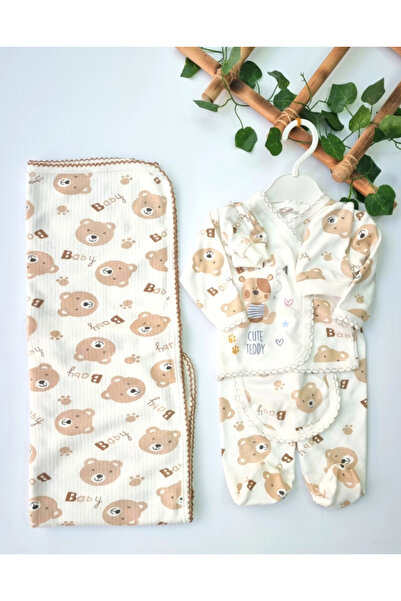 BabyWings Ayıcık Baskılı Cute Teddy 5 li Set Battaniyeli Yenidoğan Hastane Çı...