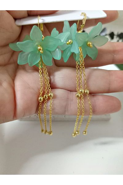 mos&more Green Flower Gold Dangle Long Women's Earrings