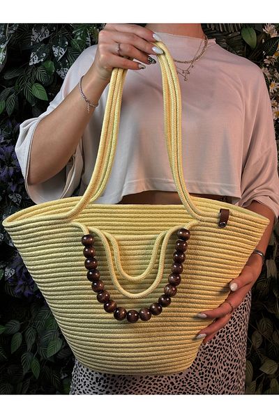 MaVaux Fiona Stylish Straw Shoulder Bag with Natural Wooden Bead Detail