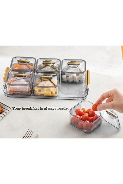 Leony 6 Compartment 13 Piece Breakfast Set with Gold Handle Tray / Storage Container Set