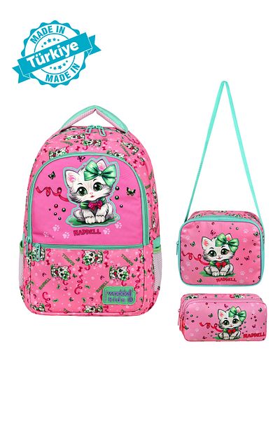 CANLOOR Licensed Pink Cat Patterned Primary School Backpack, Lunchbox and 2 Pocket Pen Holder