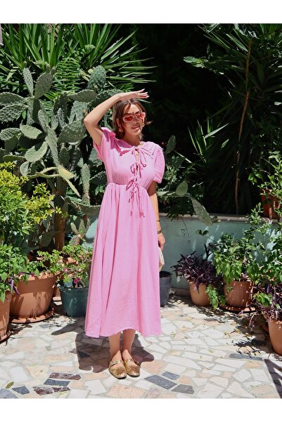 Lusin Women's Pink Stylish Baby Collar Detailed Lined Muslin Fabric Short Sleeve Summer Dress