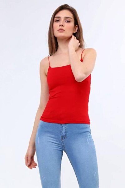 MetuCA Kadın Kırmızı İp Askılı Basic Atlet – Yazlık Dar Kalıp Streç Bluz