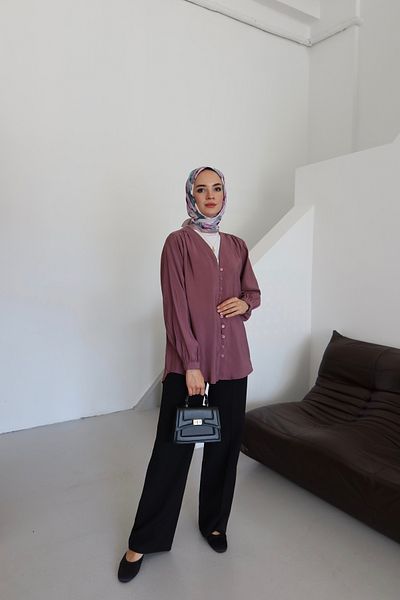 MOONSC Cămașă Hijab cu decolteu în V și detaliu cu nasturi în față Dusty Rose