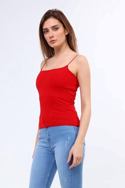 MetuCA Kadın Kırmızı İp Askılı Basic Atlet – Yazlık Dar Kalıp Streç Bluz