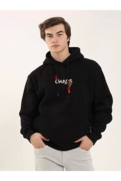 Adora Moda Φούτερ Unisex με στάμπα Oversize με κουκούλα με τρεις κλωστές - Μαύρο