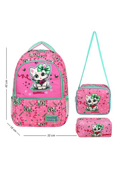 CANLOOR Licensed Pink Cat Patterned Primary School Backpack, Lunchbox and 2 Pocket Pen Holder