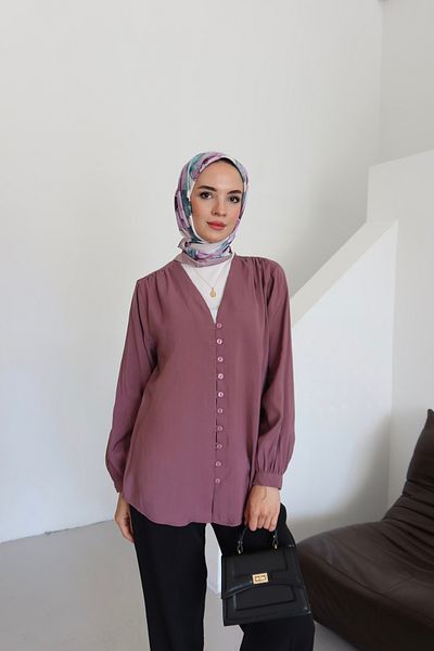 MOONSC Cămașă Hijab cu decolteu în V și detaliu cu nasturi în față Dusty Rose