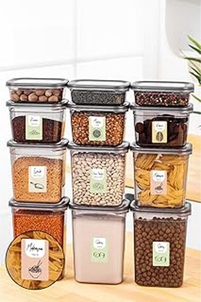 NETWORK ART Set of 12 Peggy Rectangular Storage Containers with Color Labels 3X(1500-1150-800-400 ml) Anthracite