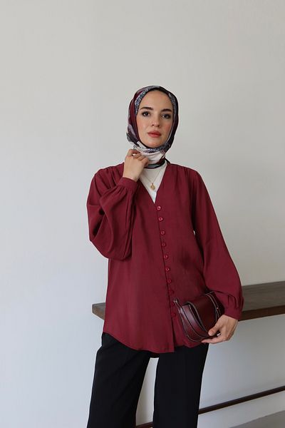MOONSC Cămașă Hijab cu decolteu în V și detaliu cu nasturi în față Roșu Claret