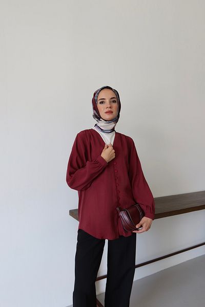 MOONSC Cămașă Hijab cu decolteu în V și detaliu cu nasturi în față Roșu Claret