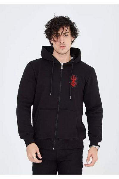 Silerra    Unisex Printed Full Zipper Hooded Sweatshirt - Black