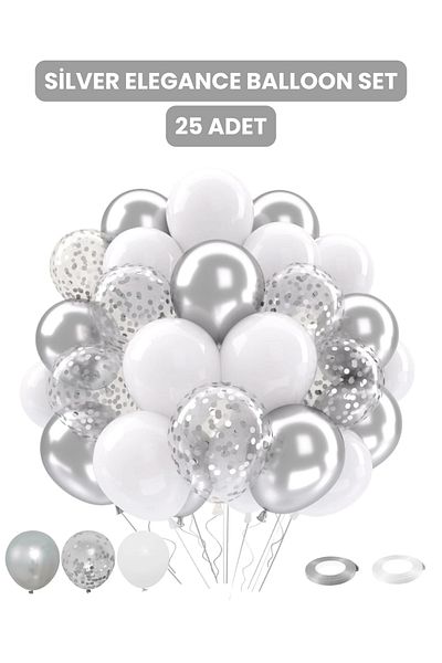 Mielibon Silver Elegance Balloon Set – 12 Inch Chrome Silver & White, 11 Inch Transparent Balloon Combination