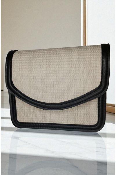 marufshop Geantă de mână și de umăr din paie pentru femei, cu curea reglabilă și margini cu dungi