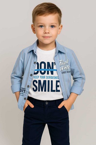 GAMZEAKKUŞ Long Sleeve Stripe Pattern Shirt, Printed T-Shirt and Pants 3-Piece Boy's Set