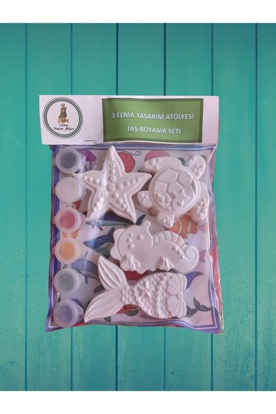 tasarımhikayecisi 3 Elma Tasarım Atölyesi Taş Boyama Seti Mega Boy 4'lü Deniz...
