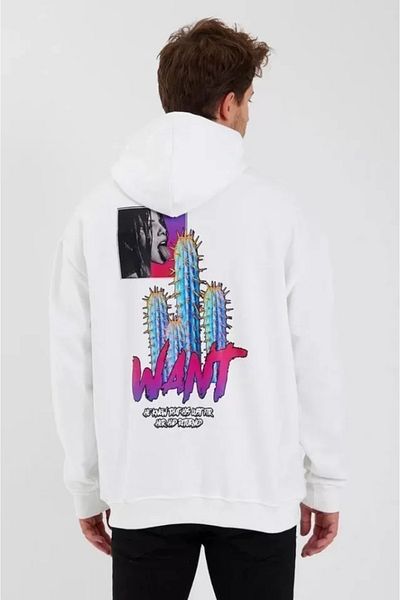 M&M Giyim Store    Men's Printed Three Thread Hooded Oversize Sweatshirt - White