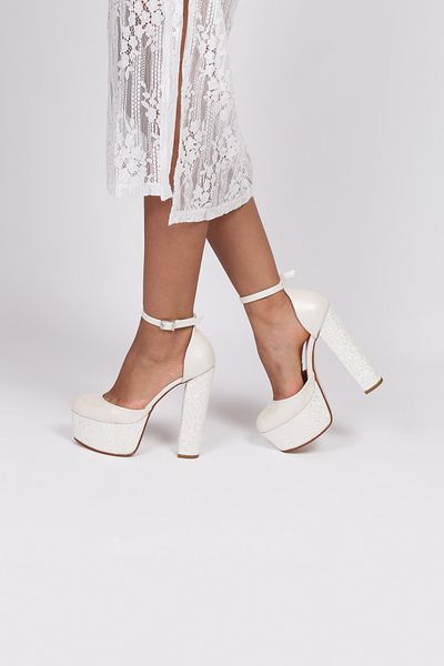 Extra Shoes İstanbul Women's White Skin Thick Heeled Evening Dress Wedding Wedding Shoes