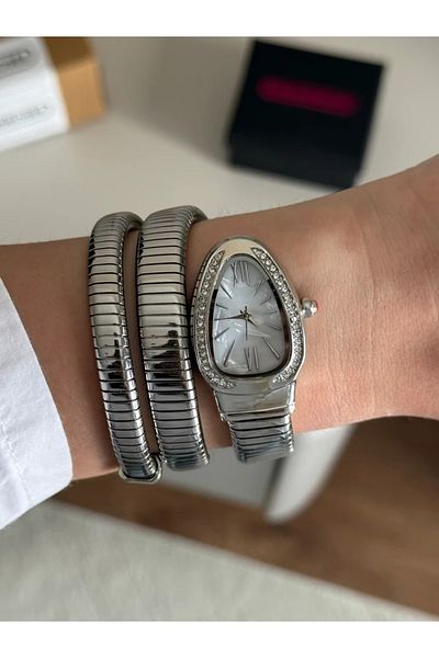 RoseandRoses Snake Spiral Model New Season Women's Wristwatch Silver (Marble Pattern White Dial)