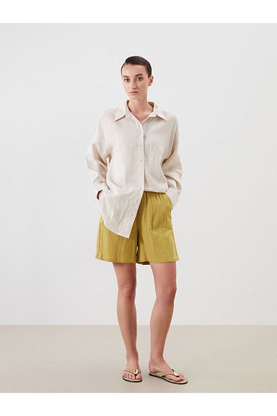 LC Waikiki Olive Green Textured Muslin Women's Shorts with Elastic Waist