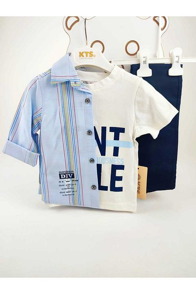 GAMZEAKKUŞ Long Sleeve Stripe Pattern Shirt, Printed T-Shirt and Pants 3-Piece Boy's Set