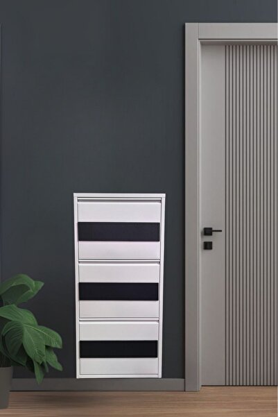 Moemi Metal Ayakkabılık 3'LÜ BEYAZ - ANTRASİT Ahşap Kaplamalı Ayakkabılık