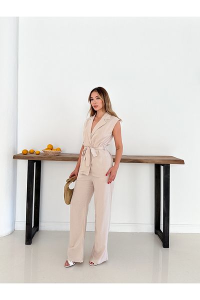OTAKU Women's Sleeveless Linen Suit Belted Vest Wide Leg Pants