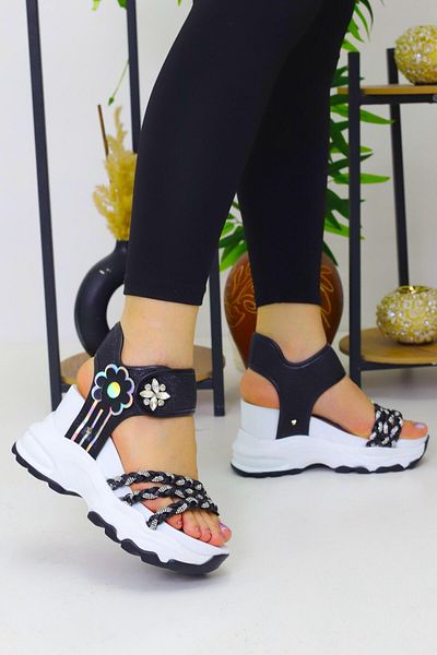 OBAY LİFE Women's Black White Braided 10 cm Hidden Heel Sandals Nbr3076