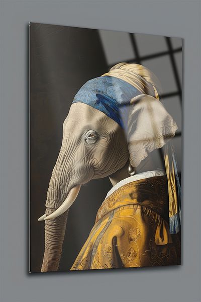 glassartdesign Pictură din sticlă elefant cu cercei de perle - Pictură modernă - Pictură de artă