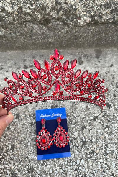 Hobigram Grace Red Bridal Crown and Drop Shuttle Earring Set – Wedding Evening Dress Accessory with Stones