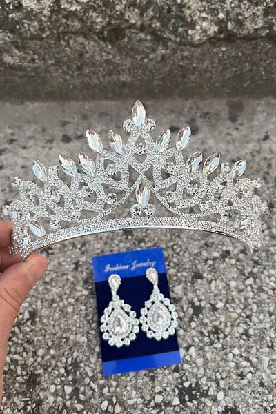 Hobigram Grace Silver Bridal Crown and Drop Shuttle Earring Set – Wedding Evening Dress Accessory with Stones