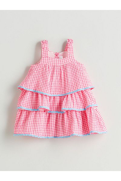 LC Waikiki Pink Plaid Girl's Linen Blend Dress
