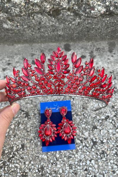 Hobigram Madeline Bridal Set – Red Crown and Wide Shuttle Earrings Set, Henna Wedding Accessory