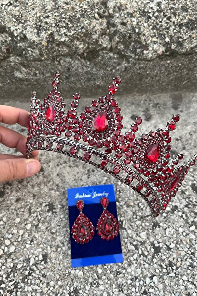 Hobigram Eveline Burgundy Crown Drop Shuttle Earring Set – Henna Engagement Wedding Evening Dress Accessory Set
