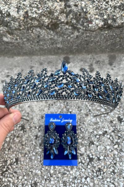 Hobigram Amara Navy Blue Crown and Three Shuttle Earrings Set – Sparkling Evening Dress Bridal Set