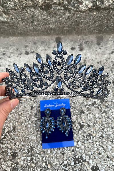 Hobigram Grace Navy Blue Bridal Crown and Thin Shuttle Earring Set – Wedding Evening Dress Accessory with Stones