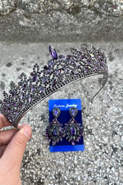 Hobigram Amara Purple Crown and Wide Shuttle Earring Set – Sparkling Evening Dress Bridal Set